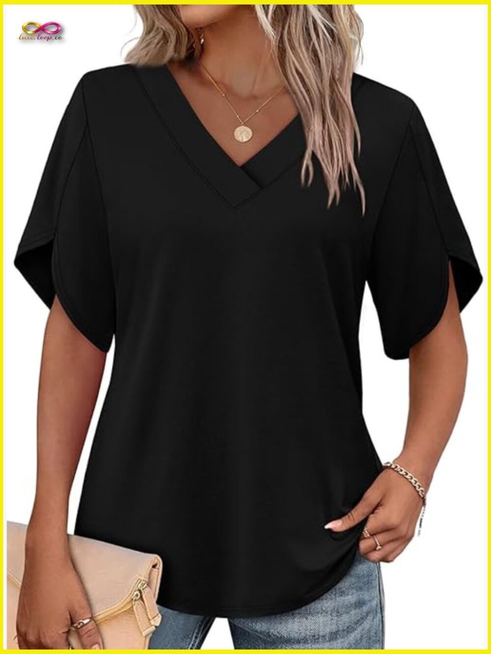 Womens Short Sleeve V Neck Tee with Petal Sleeves Loose Fit Summer Top